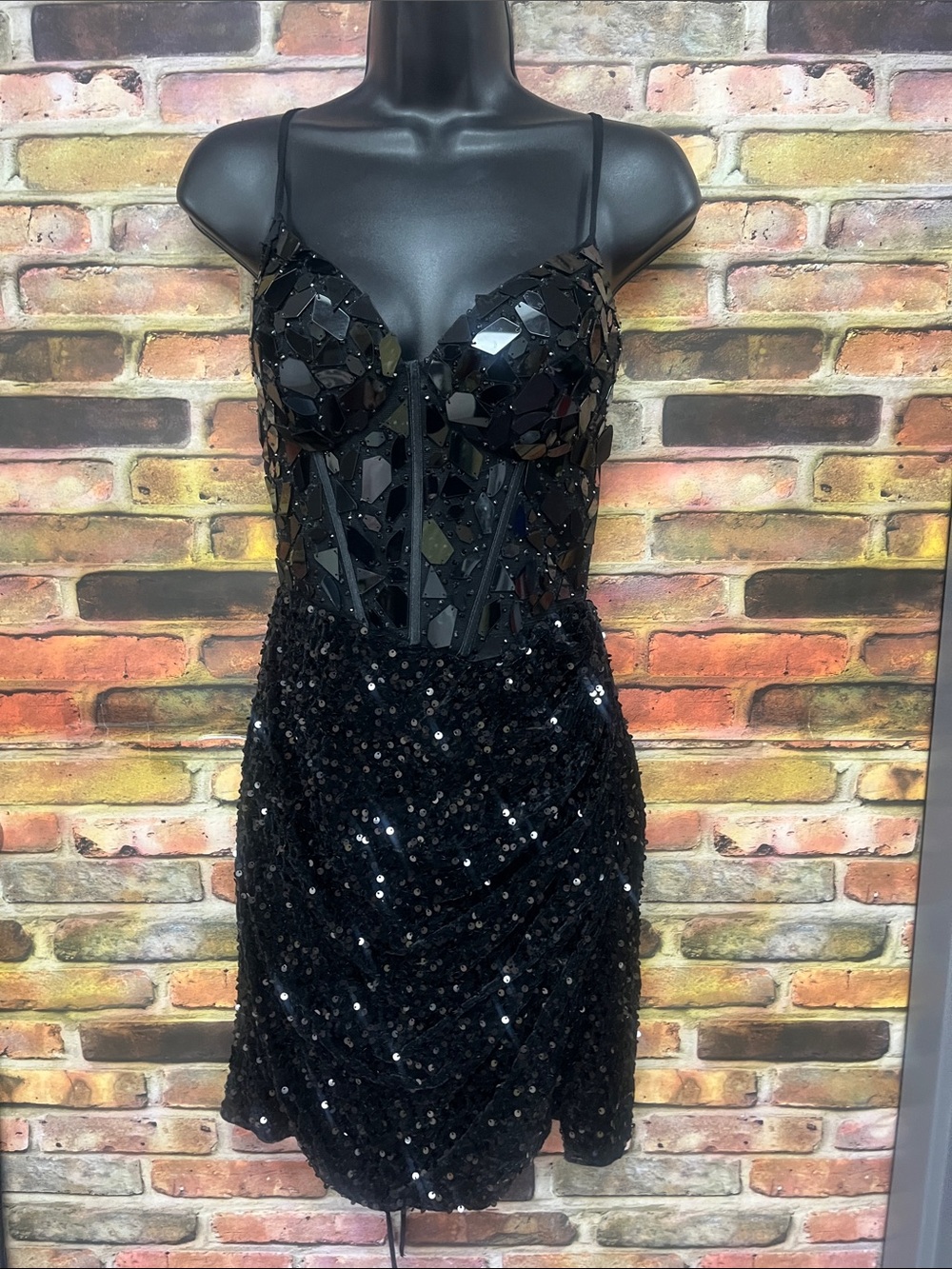 Black Sequin and Mirror-Detail Bustier Mini Dress
